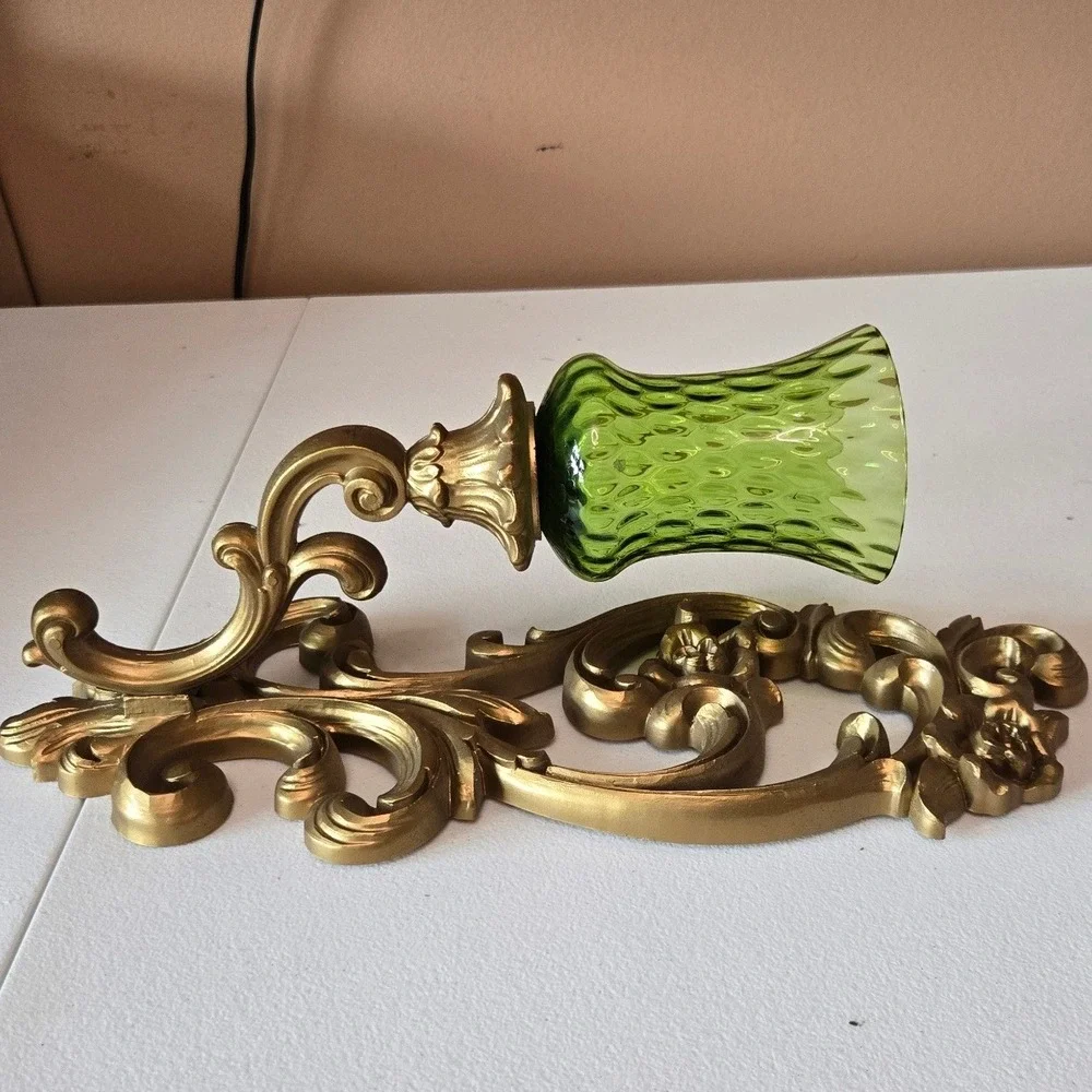 Vintage 1971 HOMCO 4119 Wall Sconces Pair Green Glass Gold Hollywood Regency